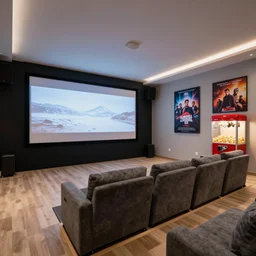 wide view, a modern home movie theater, comfortable, stylish decor, popcorn machine!, movie posters!, very happy, interior designed by kelly wearstler, rough color pencil illustration by conrad roset