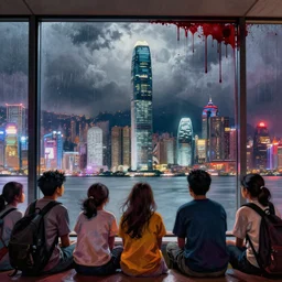 long exposure minimalist drawing of impoverished migrants gazing out through a large skyscraper window covered in blood behind severe weather storms, hong kong, detailed ambient lighting, hyper realistic, vibrant colors, cinematic, pop art style, digital art painting by neil blevins, cinematic, 3 5 mm grain filter, artstation