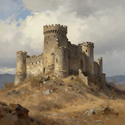ruins of a castle in a dry moutain with a cloudy sky, digital painting, impressinism