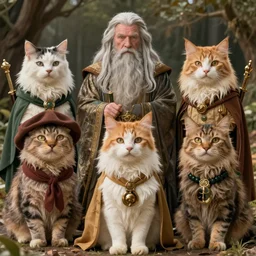 if cats were lord of the rings characters, lotr, cats, cats dressed in lotr costumes, hobbits, gandalf, elves, dwarves, 4 k, hyper realistic, artstation