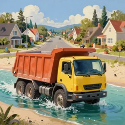 classic oil painting, a dump truck swimming at the beach, as a dnd character, on a sunny populated suburban street, cottagecore, highly detailed, digital illustration, concept art, smooth, sharp focus, art by greg hildebrandt, and tim hildebrandt