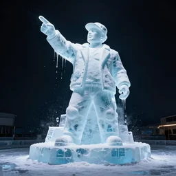 dramatic photo, great thunberg pointing at full body ice sculpture of rapper'ice cube'melting due to global warming, wide angle photo, award winning, artgerm, wlop, trending on artstation