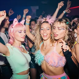 portrait of people dancing, beautiful faces, ecstatic, intense, techno party, bright pastel tropical colors, utopia, moody, by david lachapelle