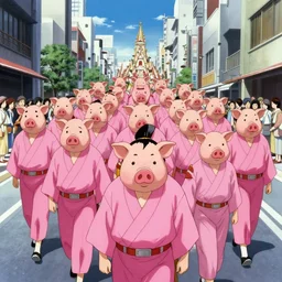 manga of the imperial family in a parade on the streets Tokyo the imperial family are all dressed in pink and wearing pig masks, film still from the an anime directed by Katsuhiro Otomo with art direction by Salvador Dalí, wide lens