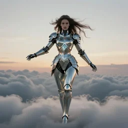 symmetry! portrait of a beautiful biblical diabolical agile girl, in reflective porcelain cyborg armor, in clouds, cinematic studio light! windy, sunrise, by gerald brom, by mikhail vrubel, by peter elson, high contrast, muted colors, extreme detail, trending on artstation, 8 k