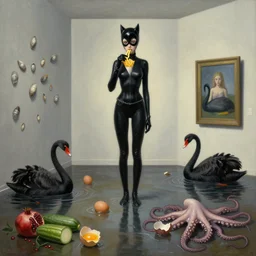 painting of a flooded art gallery and a tall emo catwoman eating french fries, molluscs on the walls, black swans, lava, pomegranates, courgettes, raw eggs, egg shells, sensual, octopus tentacles coming from puddles, zen, surrealist, by magritte and monet