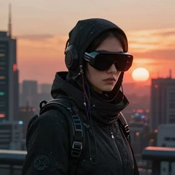 beautiful cyberpunk assassin with night vision goggles, wires, cyberpunk, dramatic light, sunset, cyberpunk city in the background, gorgeous view, depth, movie illustration by Soufiane Idrassi
