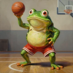 a six foot tall anthropomorphic toad playing basketball, style of goya, painting, 4 k, artstation, ultra realistic, dynamic lighting, dynamic shadow