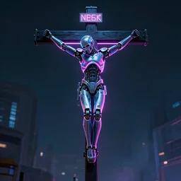 neon cyberpunk robot crucified by matthias grunewald