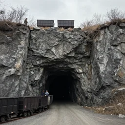 a rocky face and dark entrance to an underground gold mine, tunnel, rock cliffs, mine carts, miners, cloudy sky, sparse trees, by John Chamberlain and Alex Gray
