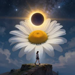 giant white daisy flower head, girl walking on cliff, surreal photography, solar eclipse, milky way, dramatic light, impressionist painting, clouds, digital painting, artstation, james gilleard, liam wong, jeremy mann, simon stalenhag
