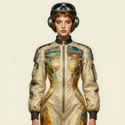 an octane render. hyper detailed retro futurism portrait of a girl detailed features wearing a pilot jumpsuit dress designed by balenciaga by alphonse mucha, norman rockwell and john berkey