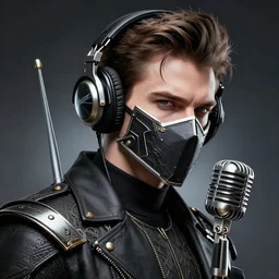 character portrait concept design guy denning, tim doyle handsome anarchy minority headphones antique microphone broadcast radio face mask heroic!! sharp edges. elegant, dynamic angle, intricate highly detailed complexity, epic composition, symmetry, cinematic lighting masterpiece
