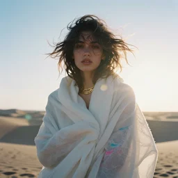 filmstill photography of female body covered with curly white translucent blanket blowing in wind, acrylic liquid colors, luxurious supermodel photoshooting, golden jewelry, bokeh, godrays, strong wind, wrinkles, sunrays, sunset, lens flares, cold colors, sand dunes