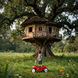 Kid with red radioflyer standing in front of beautiful tree house in an old oak tree on a beautiful meadow with flowers, dramatic lighting, cinematic, establishing shot, extremly high detail, photo realistic, cinematic lighting, post processed, concept art, artstation, matte painting, style by eddie mendoza, raphael lacoste, alex ross