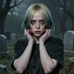 gorgeous female Billie Eilish zombie, realistic character concept, medium shot, sarcastic pose, spooky, illustration, horror, symmetrical face and body, realistic eyes, artstation, cinematic lighting, hyperdetailed, detailed realistic symmetrical eyes, cgsociety, 8k, high resolution, Charlie Bowater, Tom Bagshaw, Norman Rockwell, single face, insanely detailed and intricate, beautiful, elegant, graveyard background, vfx, postprocessing