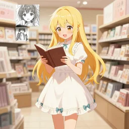 full body portrait of a happy blonde anime girl with long hair, in a cute dress, reading a book, depth of field, detailed store environment as background, colored sketch anime manga panel