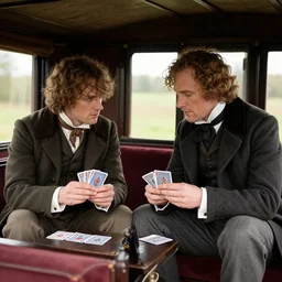 photo of inside a wagon Phileas Fogg and Detective Fix playing cards,