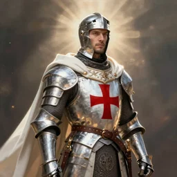man in crusader armor and white cape with big red cross on it digital art realistic high detail