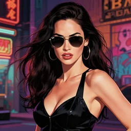 closeup portrait of film noir angry megan fox with long windblown hair in a black party dress wearing ray ban sunglasses, china town blade runner, glamour pose, detailed illustration, digital art, trending on artstation, arney freytag, patrick nagel, graffiti, gta 5,