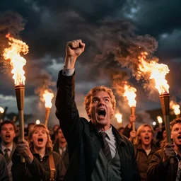 photograph of geert wilders raising a fist in the air and leading an angy torch - wielding mob, shouting, crazy eyes, atmospheric lighting, dark clouds, sinister, by joel meyerowitz, by saul leiter