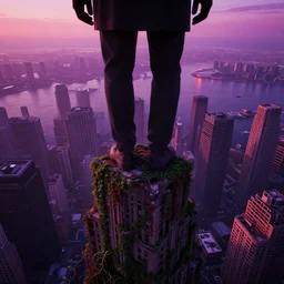 furteristic, shadowed human figure atop a skyscraper looking down through his feet to see a metropolis covered in water except for the tops of the skyscrapers, the buildings are ruins and covered in vines, purple and red hues reflect off the water from the sunset, many skyscrapers