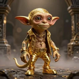 gollum proudly wearing gold in a dungeon, bling, hip hop style, tattoos, imax, foggy atmosphere, bokeh, professional studio shot, stylized photo