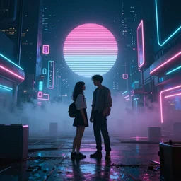 wide aspect, retro, cyberpunk, with fog, with neon lights, cinematic, couple, digital art, high resolution