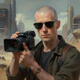 wide shot of a bald young man with neo from matrix's sunglasses holding a cinema camera in a martian city, scifi, detailed realistic face, photorealistic oil painting, digital art, by charlie bowater, by jeremy lipking, by makoto shinkai, octane render