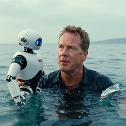 film still of Clint Howard in water with robot as Cooper in Interstellar, 4k