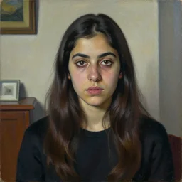 a color photograph of persian young woman in her home, by nan goldin, out of place, intense, bold, exaggerated, over proportion, painted over by andrew wyeth, hyperrealistic, ultra sharp, extra details, ultra high quality,