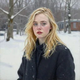 painting of Elle Fanning in the snow, new-realism style