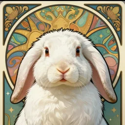 close up portrait of anthropomorphic white rabbit, large floppy ears hanging down, relaxed and cool by artgerm, cushart krenz, greg rutkowski, mucha. art nouveau. gloomhaven, vibrant colors, sharp edges. ultra clear detailed. 8 k. elegant, intricate, octane render
