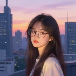 portrait of a beautiful girl, wearing glasses, sunset in the city, skyscrapers, intimate, in love, pastel colors, beautiful face, rule of thirds, spotlight, by greg rutkowski, by jeremy mann, by francoise nielly, by van gogh, digital painting