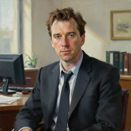 oil painting portrait of patrick bateman played christian bale, professional portrait, poster, scenic, beautiful, day time, office, sun light, natural light