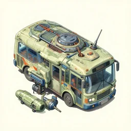 isometric, spread sheet, fantastic scifi tech bus Design, Details, illustration , in the style of Studio ghibli, tekkon kinkreet, akira, breath of the wild, myazaki, anime, clean render, denoise, rule of thirds