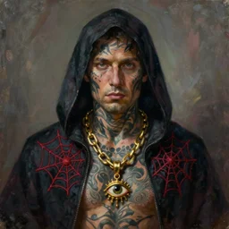 An oil painting of man covered in tattoos, wearing a dark hooded cloak, with a dark red embroided spider web. Wears a mysterious golden chain, with a pendant of an eye, full torso and face, digital art