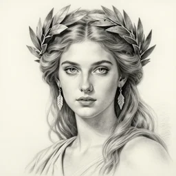 pencil drawing of the very beautiful and sexy greek goddess aphrodite wearing a laurel wreath with arrowhead earrings, piercing eyes, sharp pupils, beautiful flowing hair, hyper realistic face, in the style of greg rutkowski, fantasy, amazing detail, epic, elegant, smooth, sharp focus, young