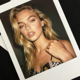 angled photograph of a polaroid of a olive skinned blonde female model in her twenties, wearing a designer top, looking content, focused on her neck, photo realistic, extreme detail skin, natural beauty, no filter, slr, golden hour, 4 k, high definition, selfie