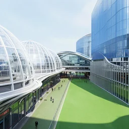 futuristic london with white glass domes, blue buildings, train station, green alley, green square, highways, city by roger madrini, hyperdetailed, artstation, cgsociety, 8 k