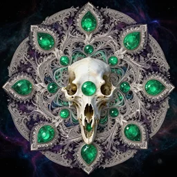 fractal mandala nebula digital color stylized an ancient white bone and emerald gemstone relic, intricate engraving concept