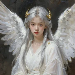 thin young beautiful angel with silver hair, pale!, wearing white robes!, wearing hair, golden goddess, young adorable korean face, silver hair!!, oil on canvas, style of jean delville, 4 k resolution, aesthetic!,