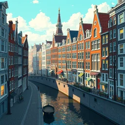 city of amsterdam, natural lighting, playful color scheme, intricate details, matte painting, illustration, by hayao miyazaki
