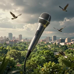 a microphone that is a city floating in the air with birds flying around and a lot of green nature, artgerm, Charlie Bowater, Tom Bangshaw, artstation