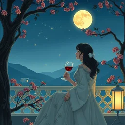 a couple enjoying a romantic moment together while gazing at the moon and sipping wine, by victo ngai and makoto shinkai, artgem, style of beautiful, crystalline lattice, porcelain