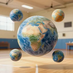3d planet balls floating in a school gym. 8k resolution photograph, national geographic footage.