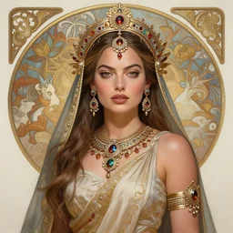 Margot Robbie as an Indian Warrior Goddess, cute, fantasy, intricate, elegant, highly detailed, digital painting, 4k, HDR, concept art, detailed jewelry, smooth, sharp focus, head and waist potrait, art by Artgerm and H R Giger and Greg Rutkowski and Alphonse Mucha
