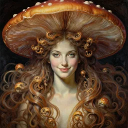 perfectly centered portrait, beautiful fractal mushroom goddess, female, flowing hair, intense stare, sweet smile, symmetrical, concept art, intricate detail, volumetric shadows and lighting, realistic oil painting by gustave dore