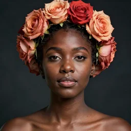 Photo of a black woman, natural make-up, crown with roses, bold, self-confidence, cinematic focus