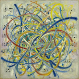 an oil painting of triadic flourishes weaving in and out of a symphony like music flowing harmoniously through the air, the paint is applied in the style of jackson pollock and pierre soulages